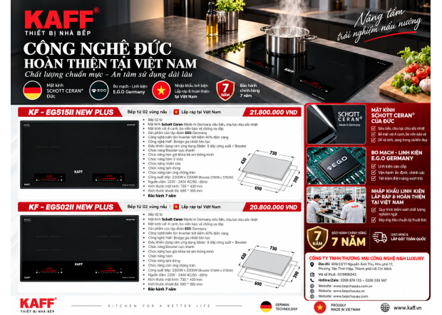 Bếp Từ Đôi KAFF KF-EG515II & KF-EG502II New Plus – Công Nghệ Đức, Lắp Ráp Việt Nam, Booster 3700W, Bảo Hành 7 Năm