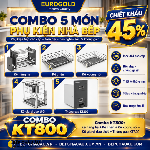 COMBO 5 MÓN PHỤ KIỆN NHÀ BẾP EUROGOLD NAN DẸT – INOX 304 CAO CẤP