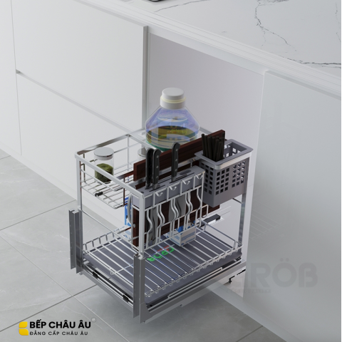 Kệ Đựng Dao Thớt Mix Oval GRÖB Inox SUS304 Xước Mờ – Ray Âm Giảm Chấn