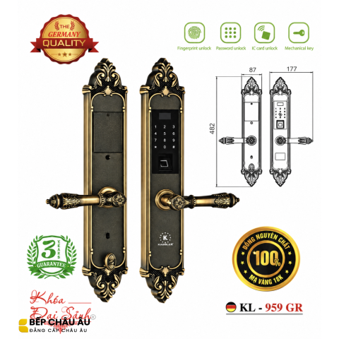 Khóa Đại Sảnh Kassler KL-959GR Đồng Nguyên Khối Vàng Đen – Vân Tay, Mật Mã, Thẻ Từ, Thiết Kế Hoàng Gia