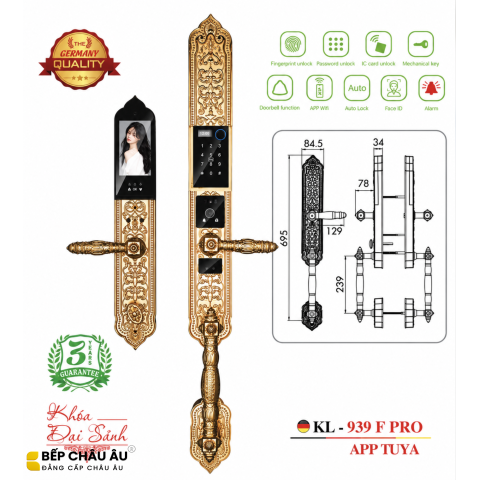 Khóa Đại Sảnh Kassler KL-939F PRO Mạ Vàng 24K – Face ID 3D, Vân Tay, App Tuya, Thiết Kế Hoàng Gia
