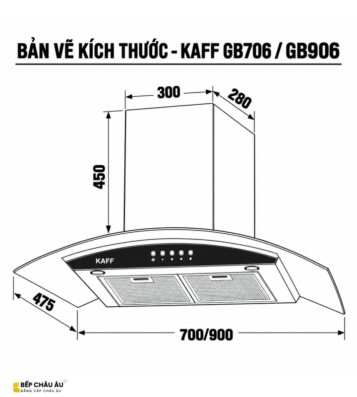 Máy Hút Mùi Kính Cong KAFF GB706 / GB906 Inox Kính Đen 1000m³/h