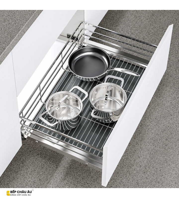 Giá Xoong Nồi Nan Dẹt Inox Mờ EUROGOLD 304 – Gắn Cánh Âm Tủ Cao Cấp
