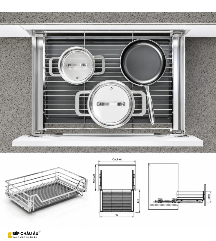 Giá Xoong Nồi Nan Dẹt Inox Mờ EUROGOLD 304 – Gắn Cánh Âm Tủ Cao Cấp