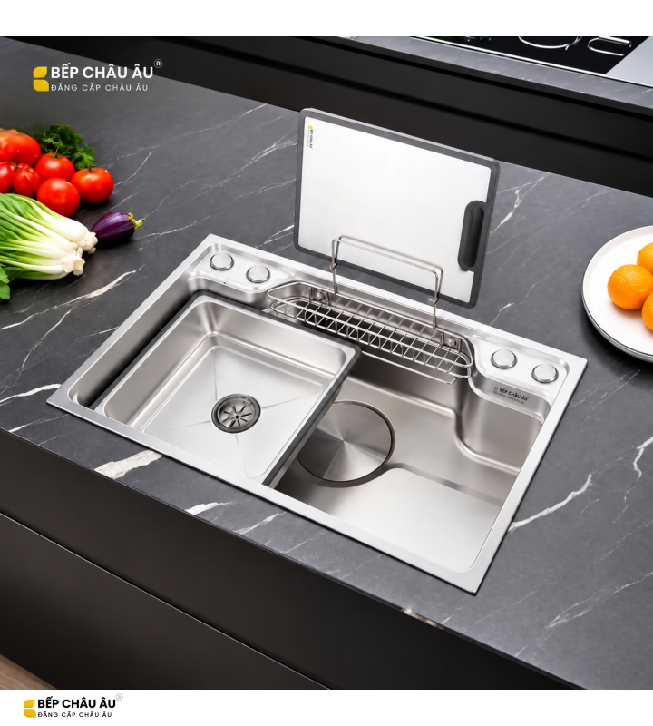 Chậu Rửa Chén Inox Bếp Châu Âu 780x480mm Dày 1.5mm, Chậu Rửa Bát 1 Hố Đa Năng Dập Nguyên Khối Kèm Thớt Rổ Inox