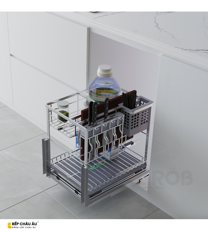 Kệ Đựng Dao Thớt Mix Oval GRÖB Inox SUS304 Xước Mờ – Ray Âm Giảm Chấn